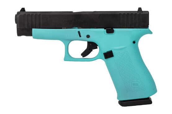 Glock 48 9MM compact pistol with light blue polymer frame and 10+1 capacity